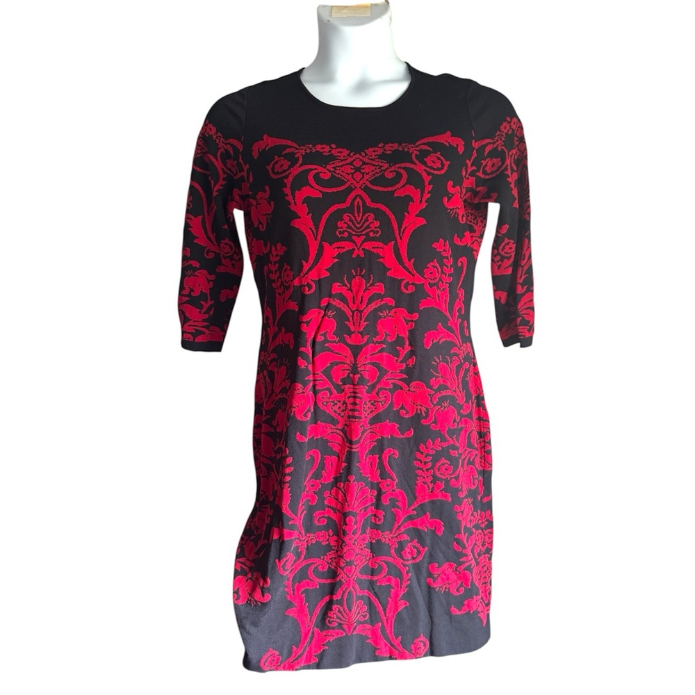Chico’s Red & Black Baroque Print Bodycon Sweater Dress Size 2 EUC